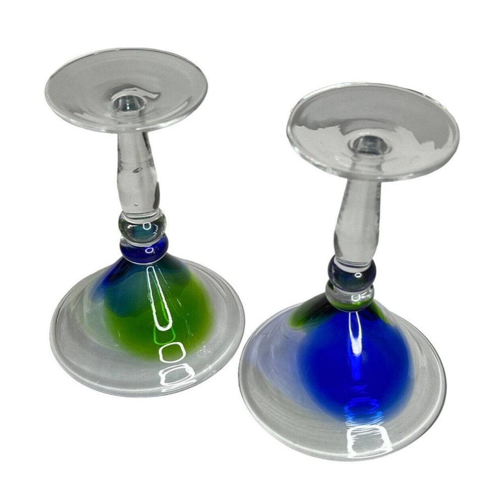 Hand Blown Blue Green Art Swirl Martini Bar Modern Cocktail Glasses Stemware - Picture 4 of 8